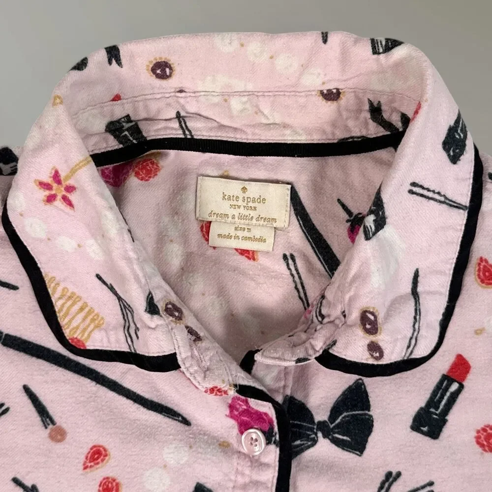 Kate Spade Pink Flannel Pajama Set Makeup Lipstick Bows Sz Med READ DESC.